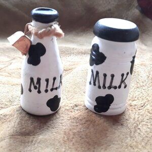 Vintage Miniature Wooden Cow Milk  Can and Bottle Containers 1980s 2 Pc Set